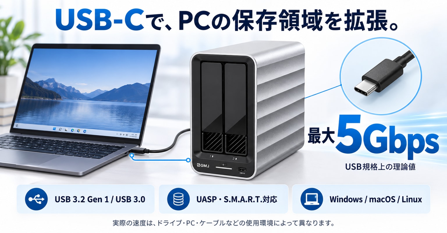 USB-C接続・最大5GbpsでPCの保存領域を拡張