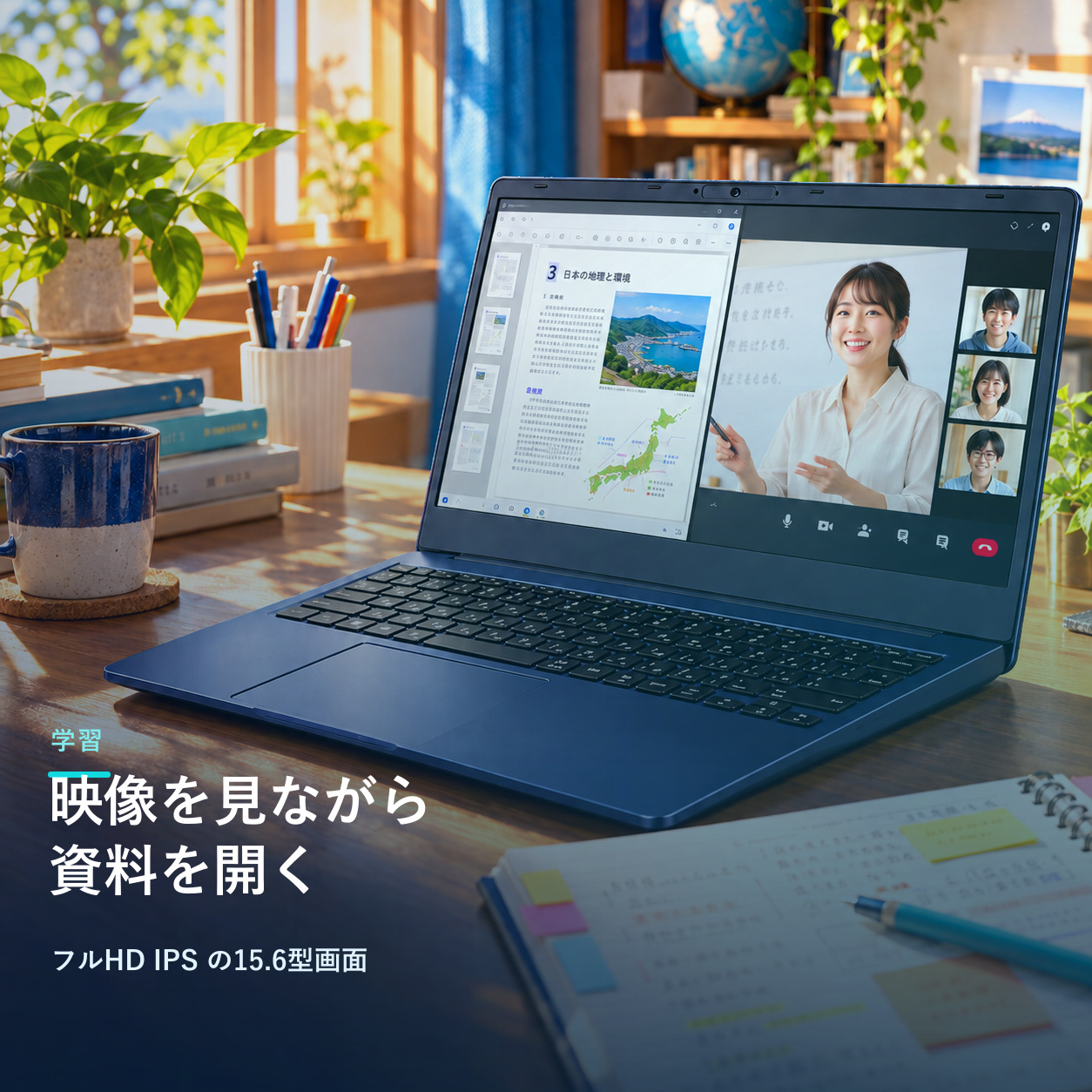 オンライン授業の映像と資料を同時に確認
